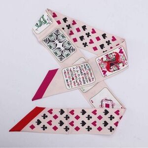 Hermès Silk Twilly Jeu de Cartes Rose Nacre Fuchsia Rouge